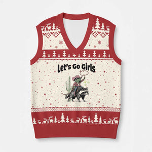 Cowboy Frog Riding Raccoon V-Neck Knit Sweater Vest Let's Go Girls TS12 Beige Red Print Your Wear