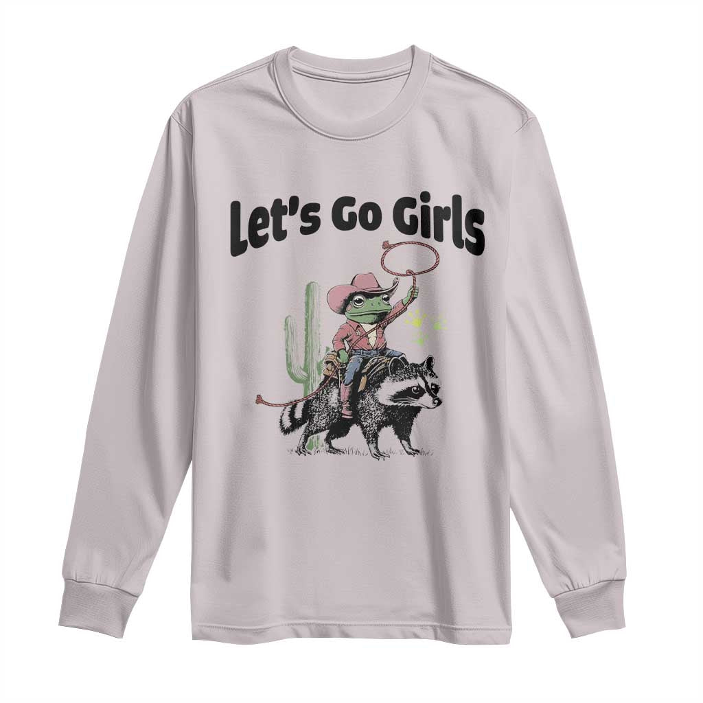 Cowboy Frog Riding Raccoon Long Sleeve Shirt Let's Go Girls TS12 Ice Gray Print Your Wear