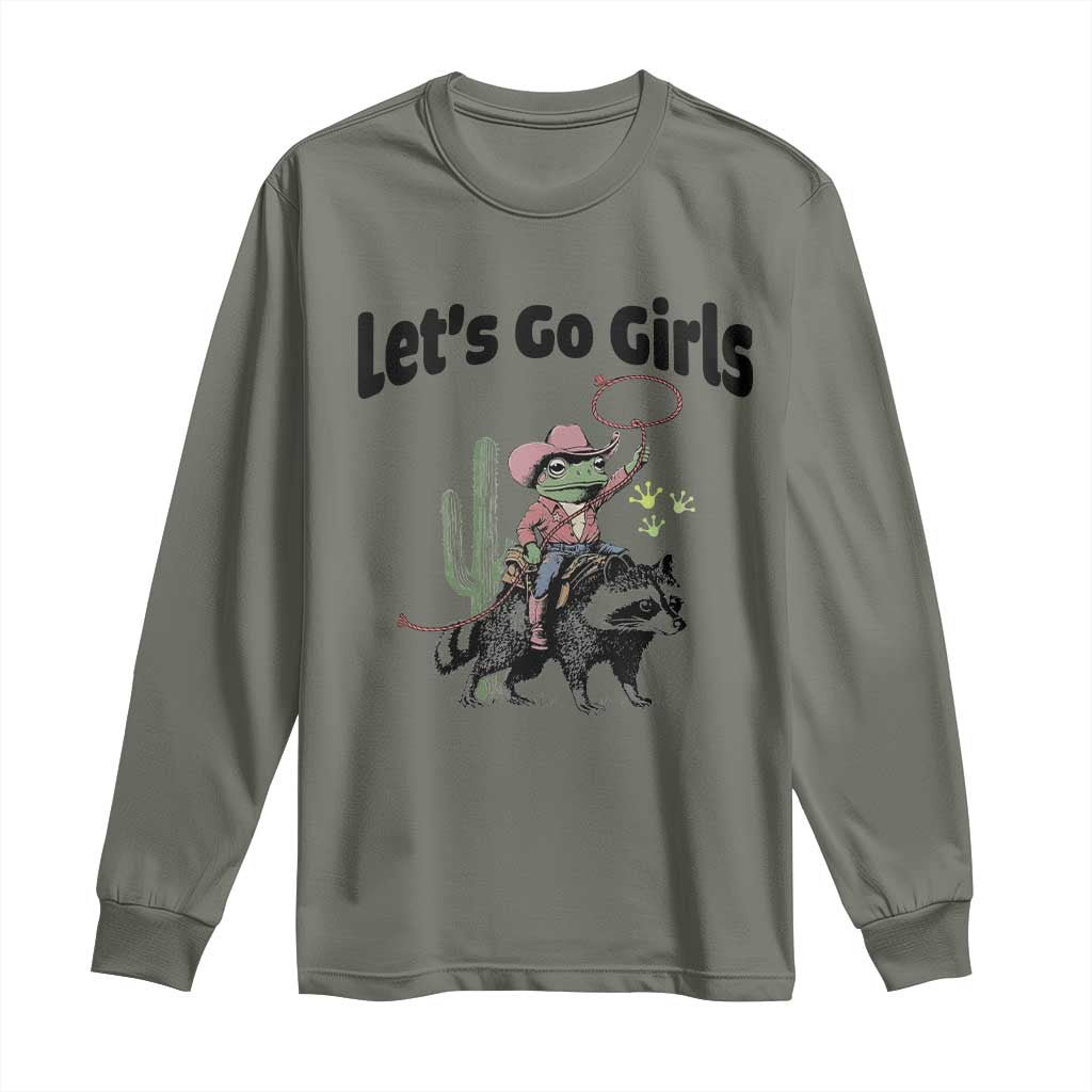 Cowboy Frog Riding Raccoon Long Sleeve Shirt Let's Go Girls TS12 Military Green Print Your Wear