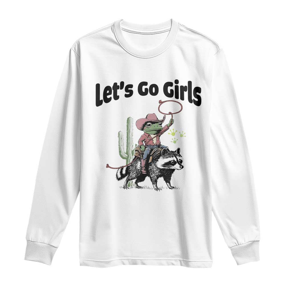 Cowboy Frog Riding Raccoon Long Sleeve Shirt Let's Go Girls TS12 White Print Your Wear