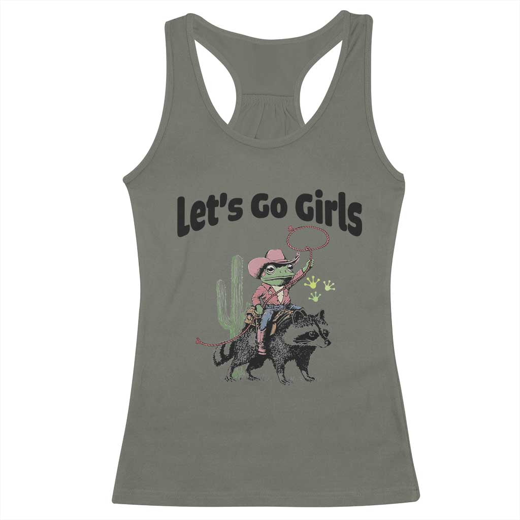 Cowboy Frog Riding Raccoon Racerback Tank Top Let's Go Girls TS12 Military Green Print Your Wear