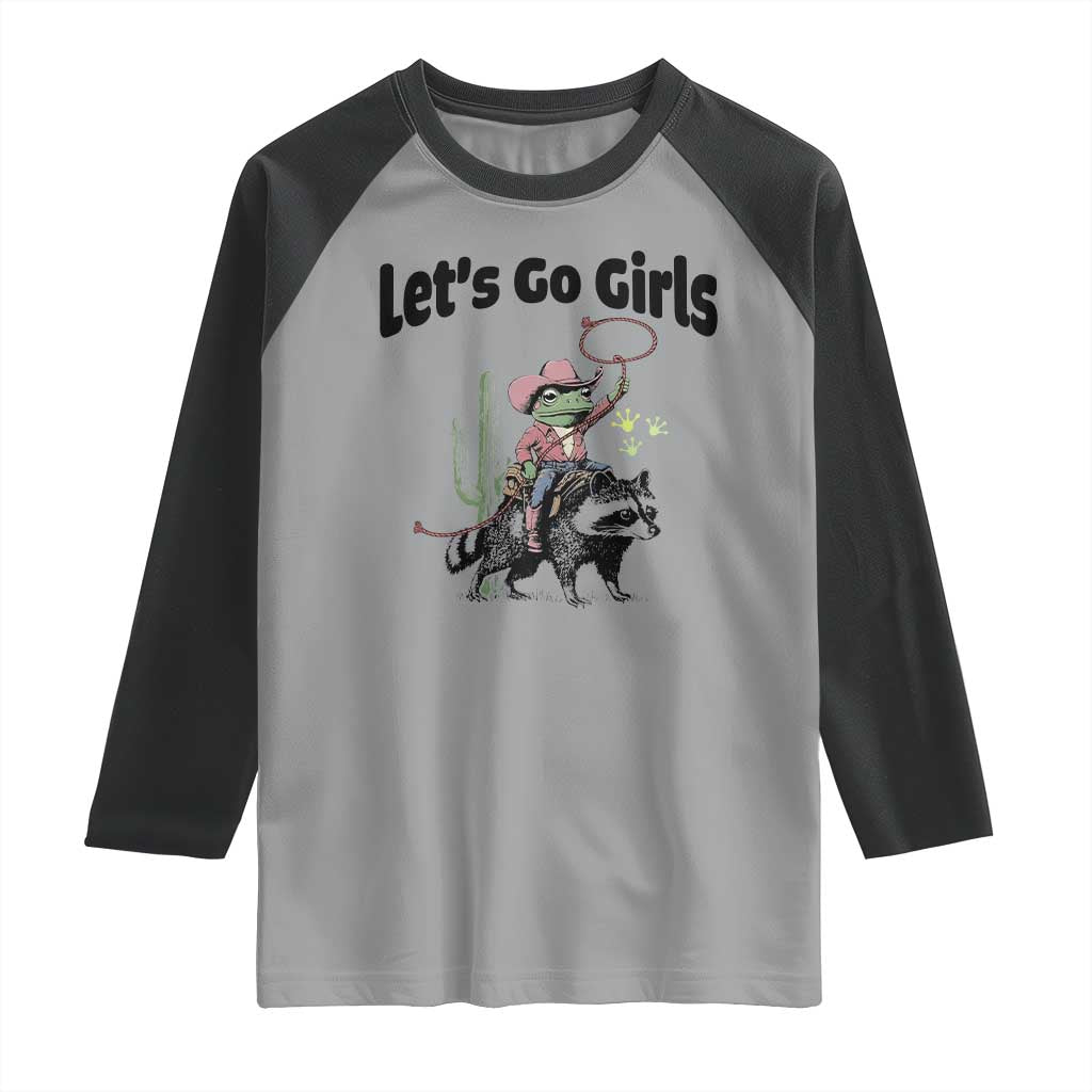 Cowboy Frog Riding Raccoon Raglan Shirt Let's Go Girls TS12 Sport Gray Black Print Your Wear