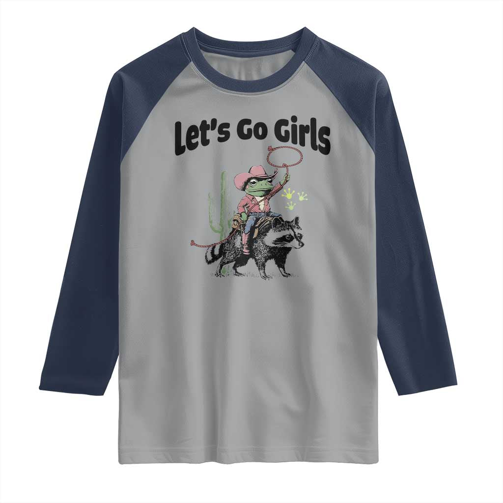 Cowboy Frog Riding Raccoon Raglan Shirt Let's Go Girls TS12 Sport Gray Navy Print Your Wear