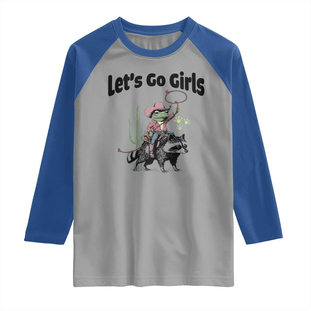Cowboy Frog Riding Raccoon Raglan Shirt Let's Go Girls TS12 Sport Gray Royal Print Your Wear