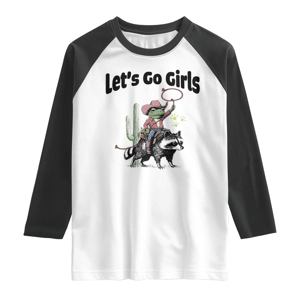 Cowboy Frog Riding Raccoon Raglan Shirt Let's Go Girls TS12 White Black Print Your Wear