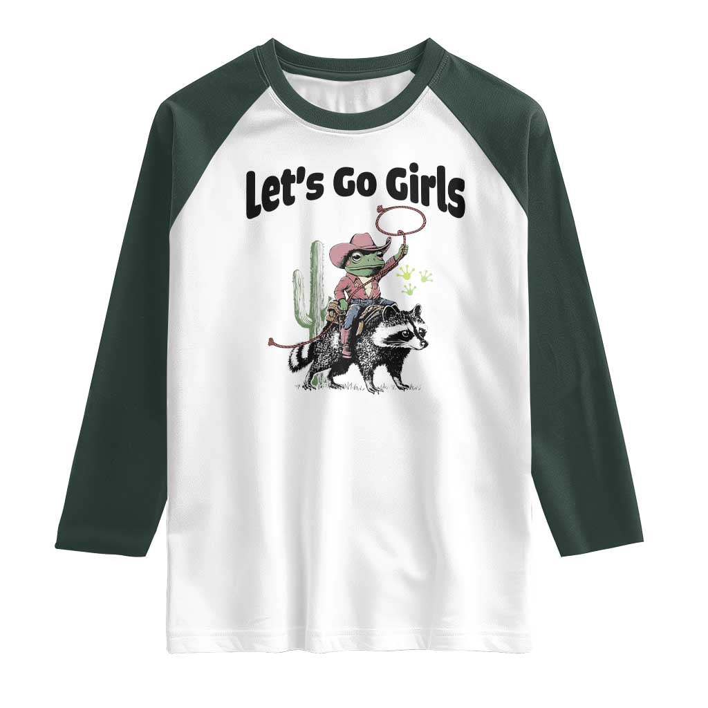 Cowboy Frog Riding Raccoon Raglan Shirt Let's Go Girls TS12 White Dark Forest Green Print Your Wear