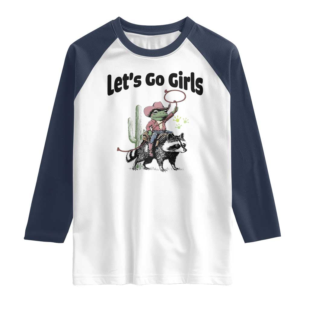 Cowboy Frog Riding Raccoon Raglan Shirt Let's Go Girls TS12 White Navy Print Your Wear