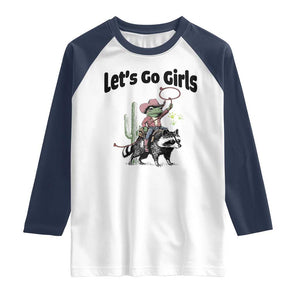Cowboy Frog Riding Raccoon Raglan Shirt Let's Go Girls TS12 White Navy Print Your Wear