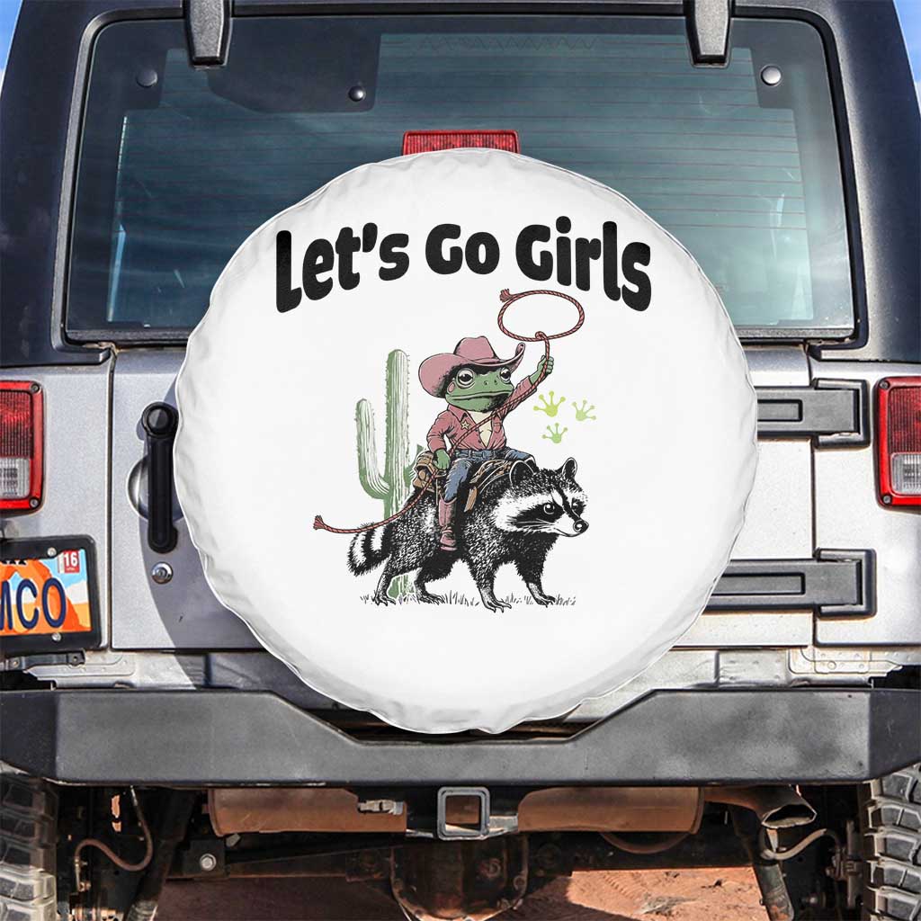 Cowboy Frog Riding Raccoon Spare Tire Cover Let's Go Girls TS12 No hole White Print Your Wear