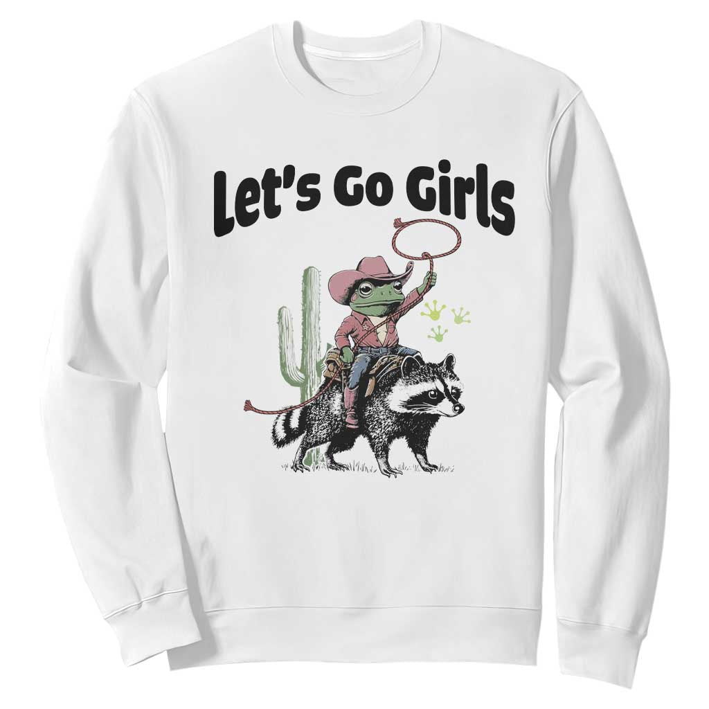 Cowboy Frog Riding Raccoon Sweatshirt Let's Go Girls TS12 White Print Your Wear