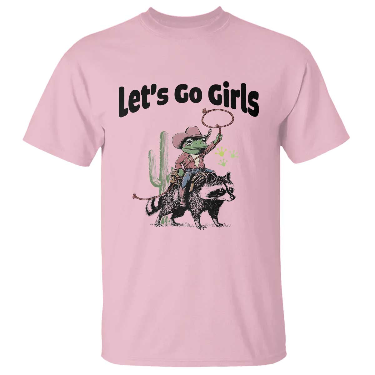 Cowboy Frog Riding Raccoon T Shirt Let's Go Girls TS12 Light Pink Print Your Wear