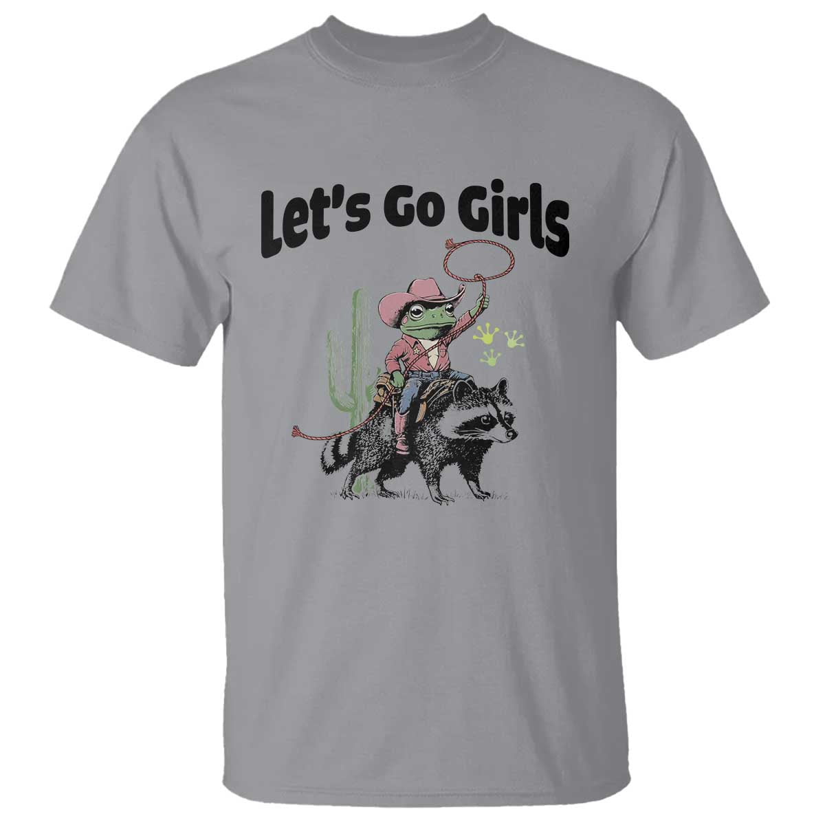 Cowboy Frog Riding Raccoon T Shirt Let's Go Girls TS12 Sport Gray Print Your Wear