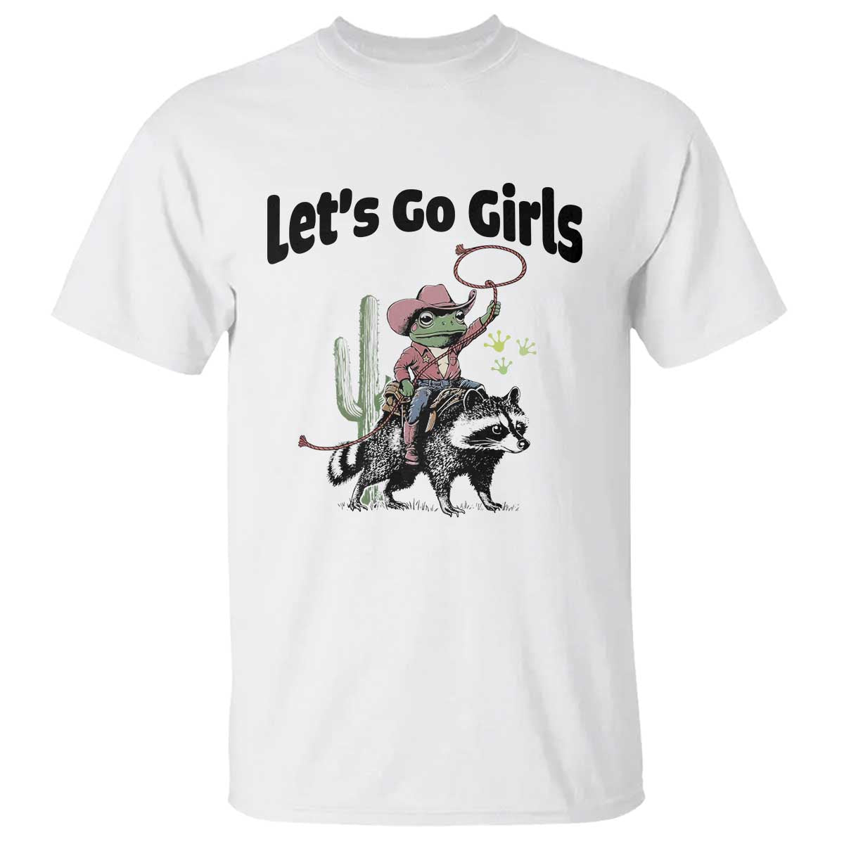 Cowboy Frog Riding Raccoon T Shirt Let's Go Girls TS12 White Print Your Wear