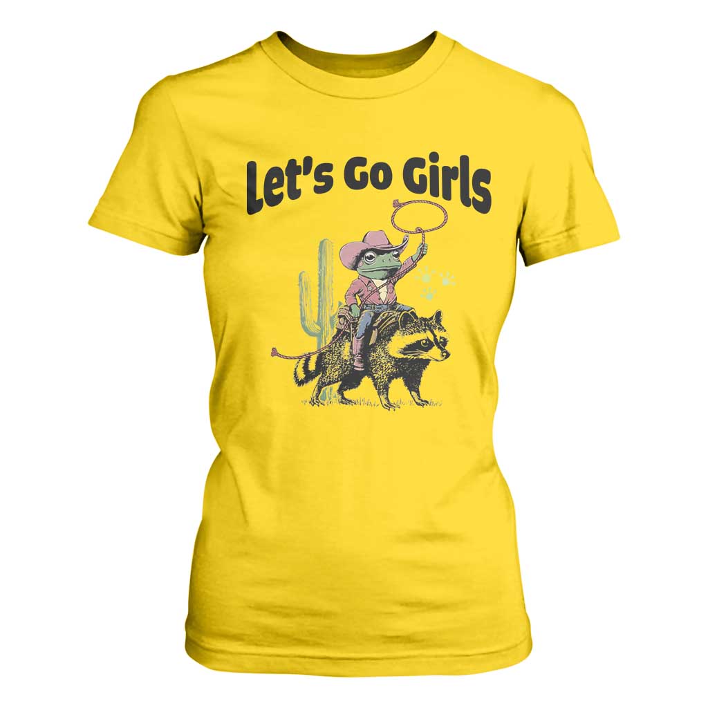 Cowboy Frog Riding Raccoon T Shirt For Women Let's Go Girls TS12 Daisy Print Your Wear