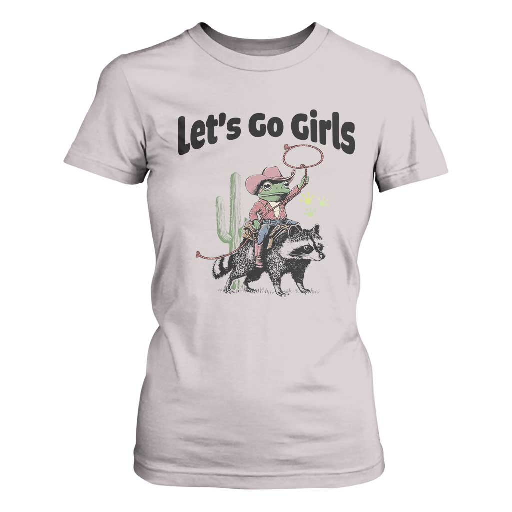 Cowboy Frog Riding Raccoon T Shirt For Women Let's Go Girls TS12 Ice Gray Print Your Wear