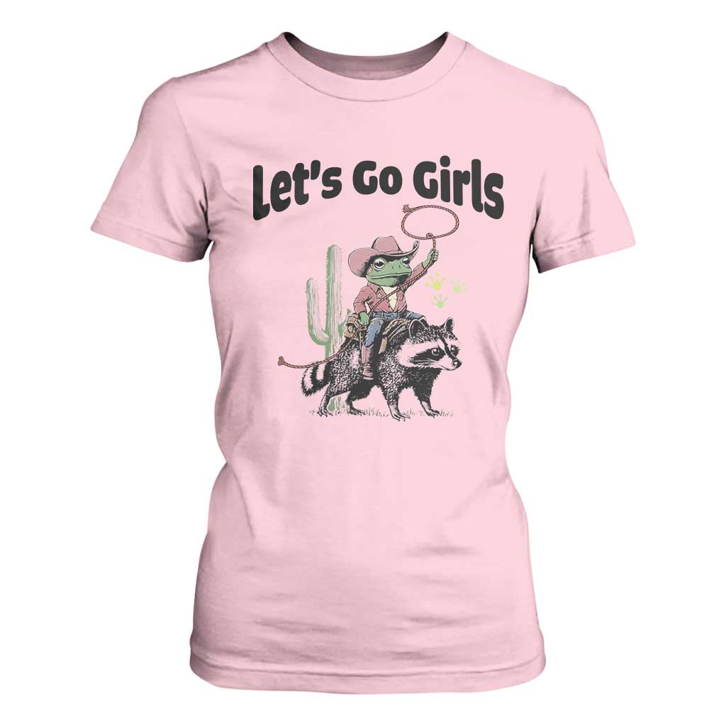 Cowboy Frog Riding Raccoon T Shirt For Women Let's Go Girls TS12 Light Pink Print Your Wear