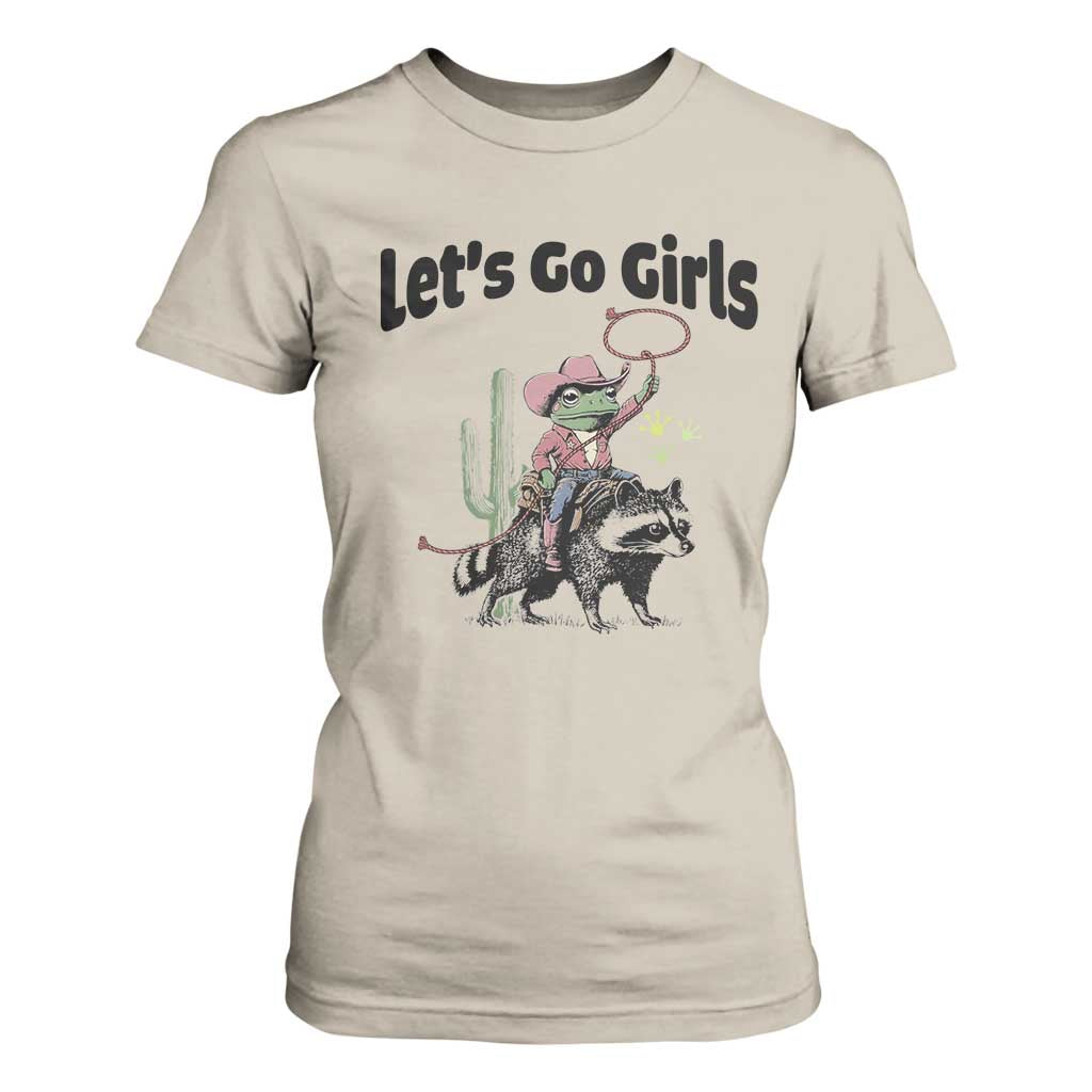 Cowboy Frog Riding Raccoon T Shirt For Women Let's Go Girls TS12 Sand Print Your Wear