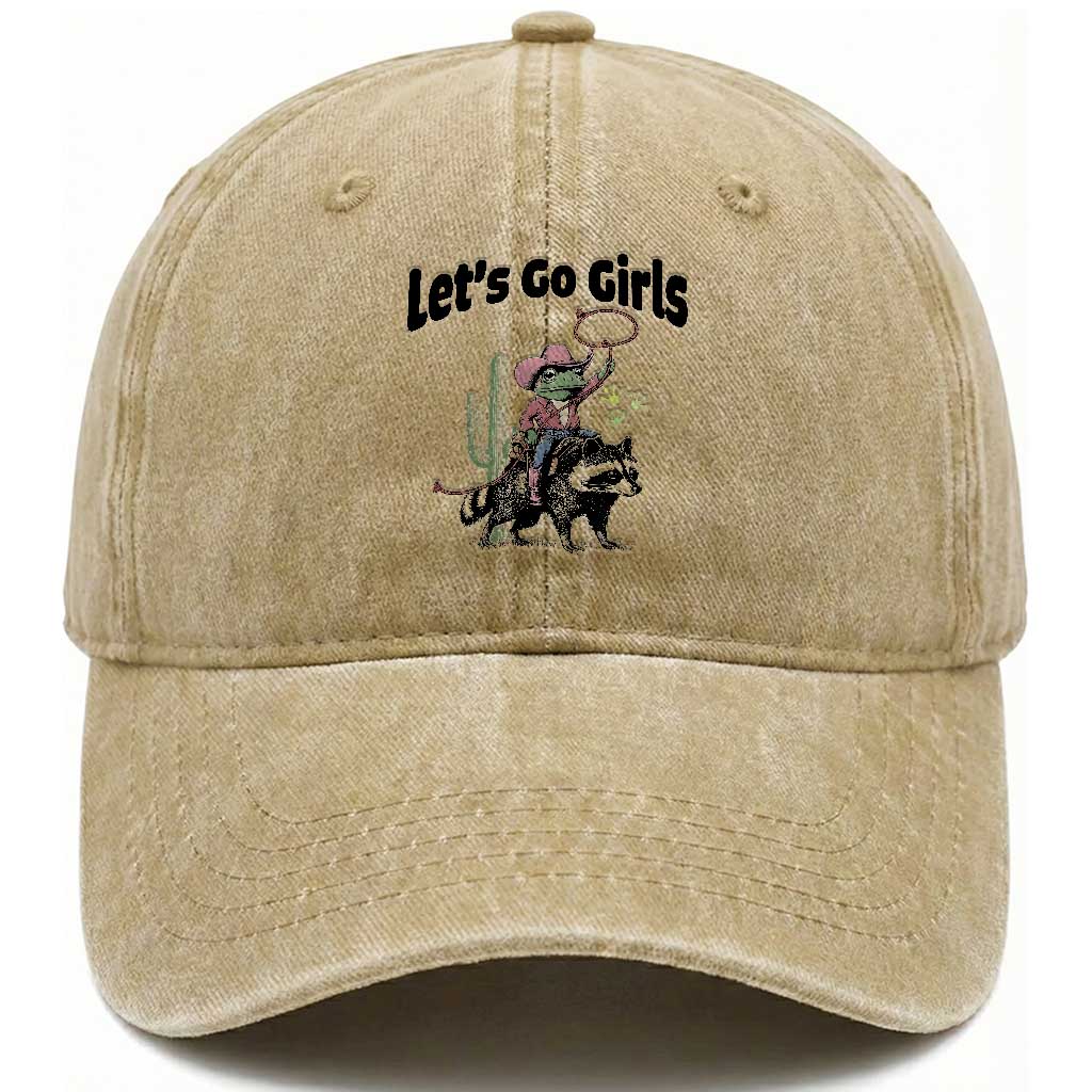Cowboy Frog Riding Raccoon Washed Cotton Baseball Cap Let's Go Girls TS12 Print Your Wear