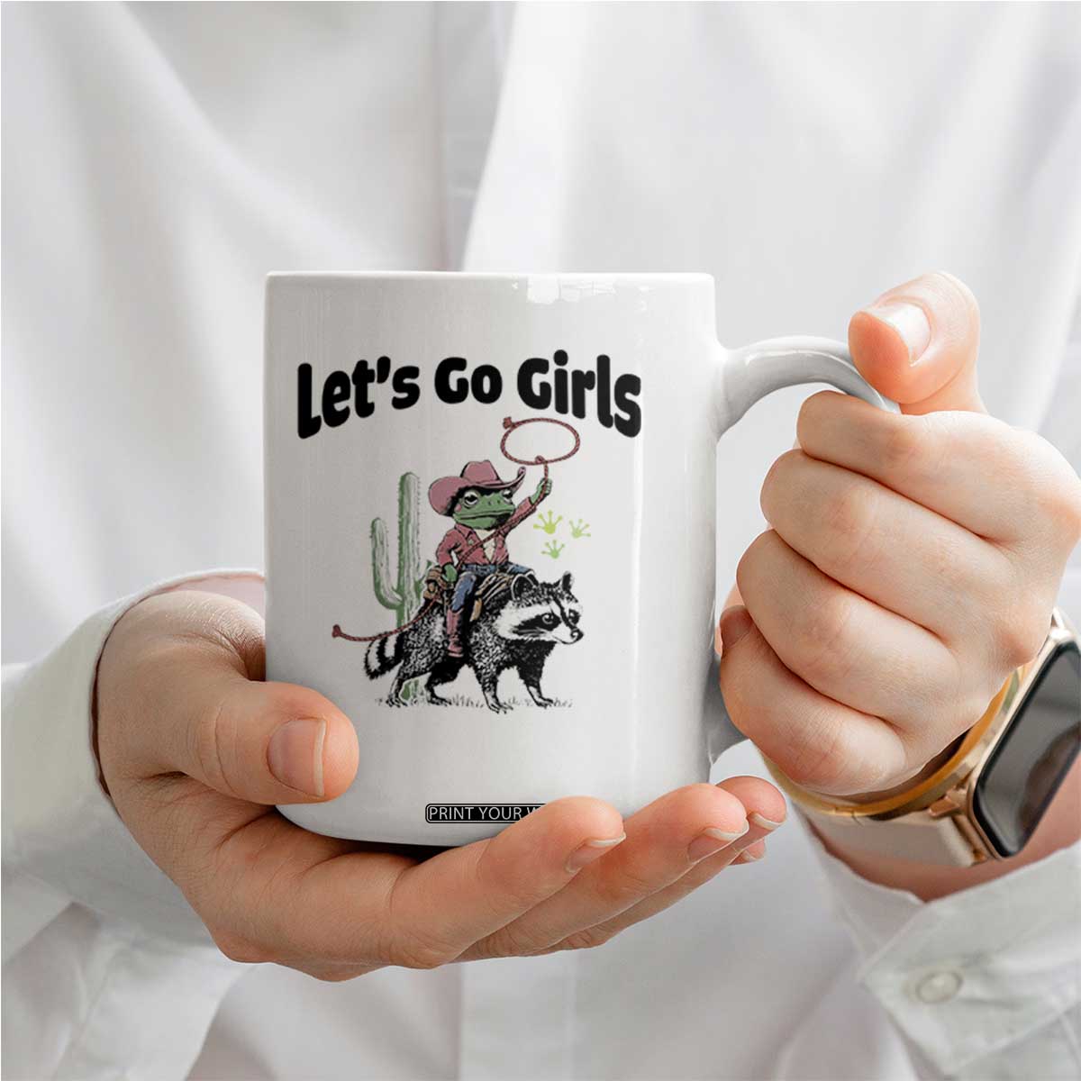 Cowboy Frog Riding Raccoon Coffee Mug Let's Go Girls TS12 Print Your Wear
