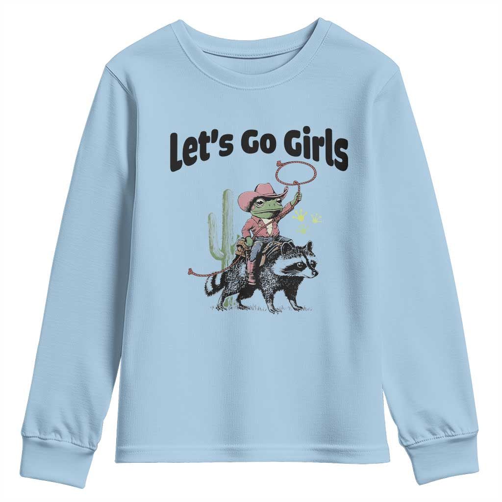 Cowboy Frog Riding Raccoon Youth Sweatshirt Let's Go Girls TS12 Light Blue Print Your Wear