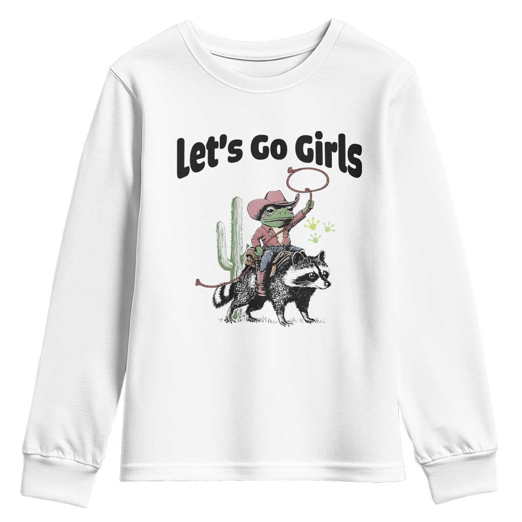 Cowboy Frog Riding Raccoon Youth Sweatshirt Let's Go Girls TS12 White Print Your Wear