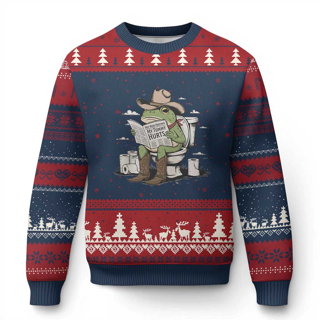Funny Cowboy Frog Ugly Christmas Sweater Not Now Partner My Tummy Hurts TS12 Navy Red Print Your Wear