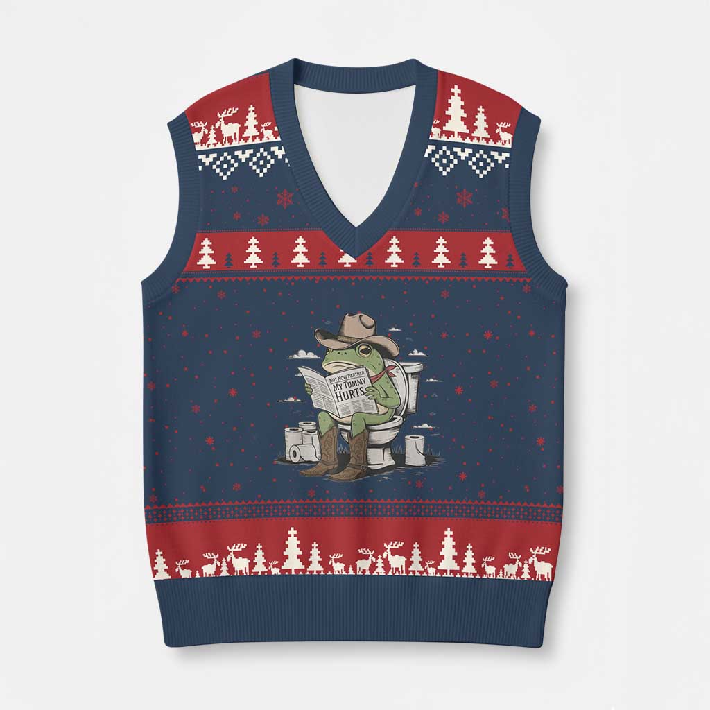 Funny Cowboy Frog V-Neck Knit Sweater Vest Not Now Partner My Tummy Hurts TS12 Navy Red Print Your Wear