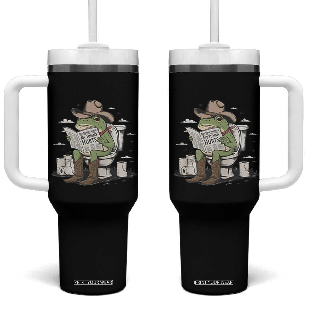 Funny Cowboy Frog Tumbler With Handle Not Now Partner My Tummy Hurts TS12 One Size: 40 oz Black Print Your Wear
