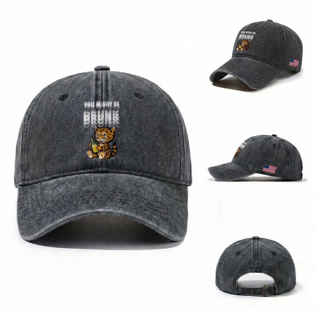 Funny Cat Drinking Beer Washed Cotton Baseball Cap You Might Be Drunk TS12 Washed Cap Universal Fit Dark Gray Print Your Wear