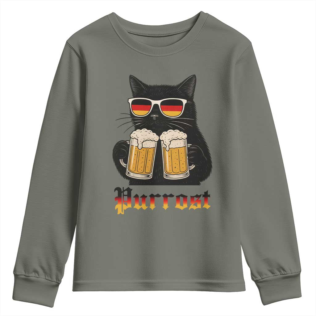 Oktoberfest Prost Cat Drinking Youth Sweatshirt Funny Purrost German Beer Gift TS12 Military Green Print Your Wear