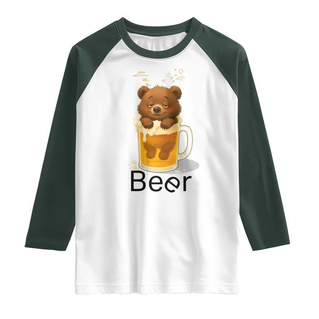 Funny Drinking Lover Raglan Shirt Bear In Beer Glass TS12 White Dark Forest Green Print Your Wear