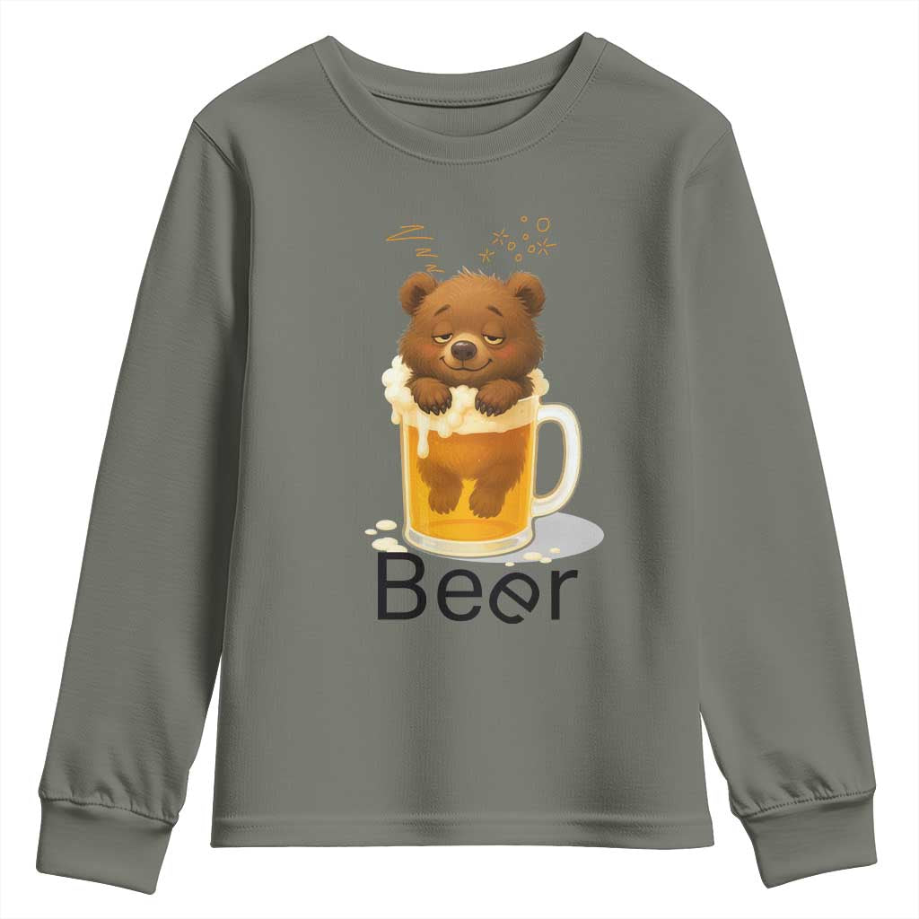 Funny Drinking Lover Youth Sweatshirt Bear In Beer Glass TS12 Military Green Print Your Wear