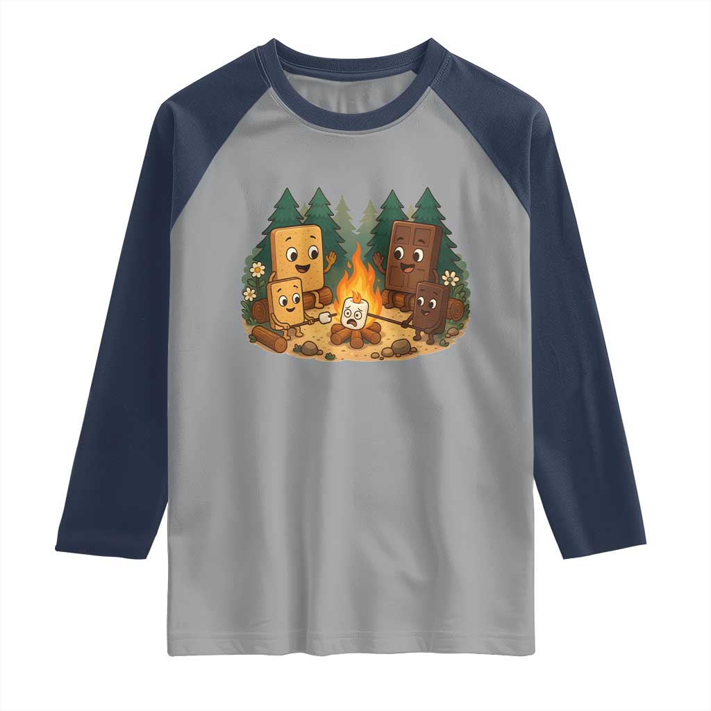 Funny Smores Camping Raglan Shirt Marshmallow Chocolate Fire TS12 Sport Gray Navy Print Your Wear