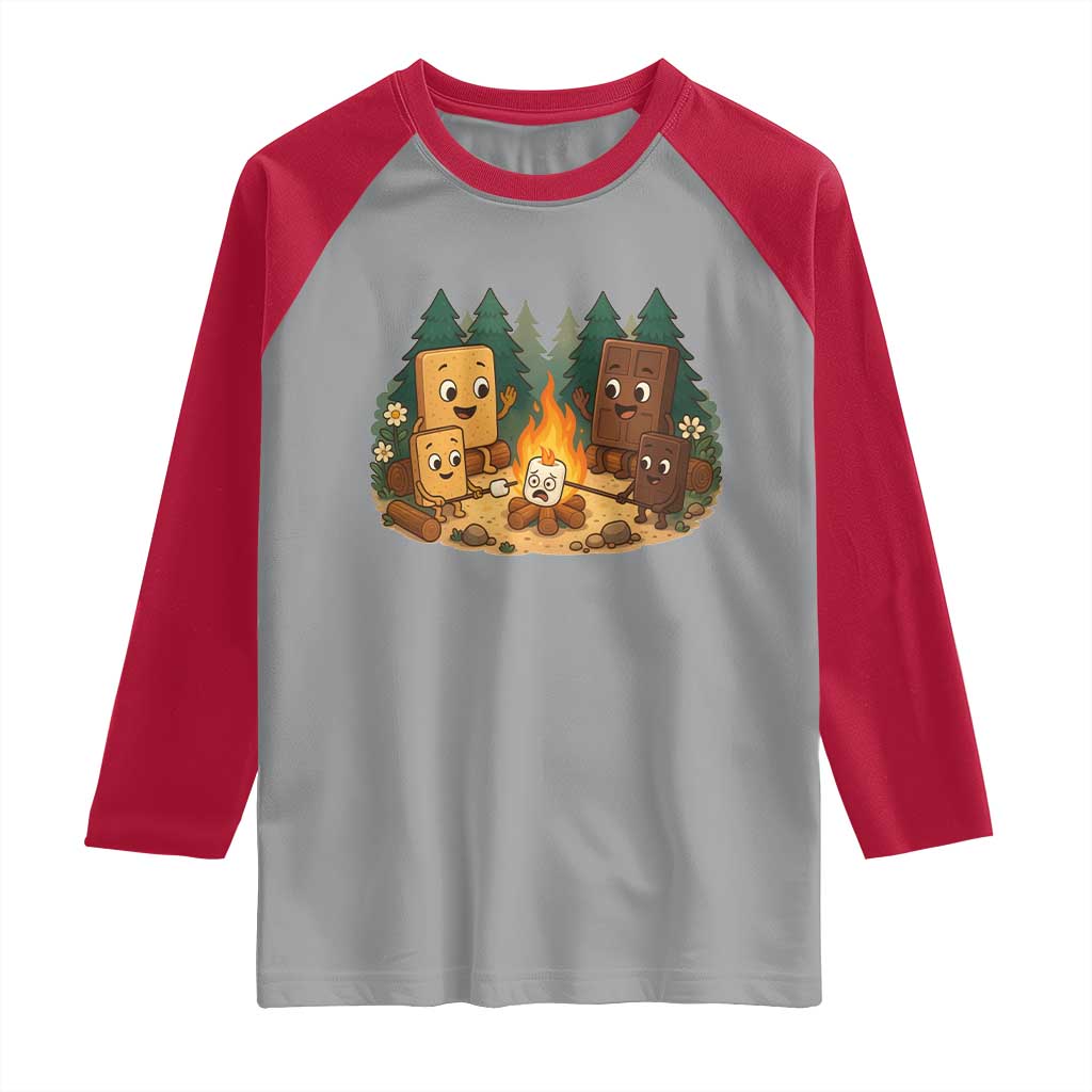 Funny Smores Camping Raglan Shirt Marshmallow Chocolate Fire TS12 Sport Gray Red Print Your Wear