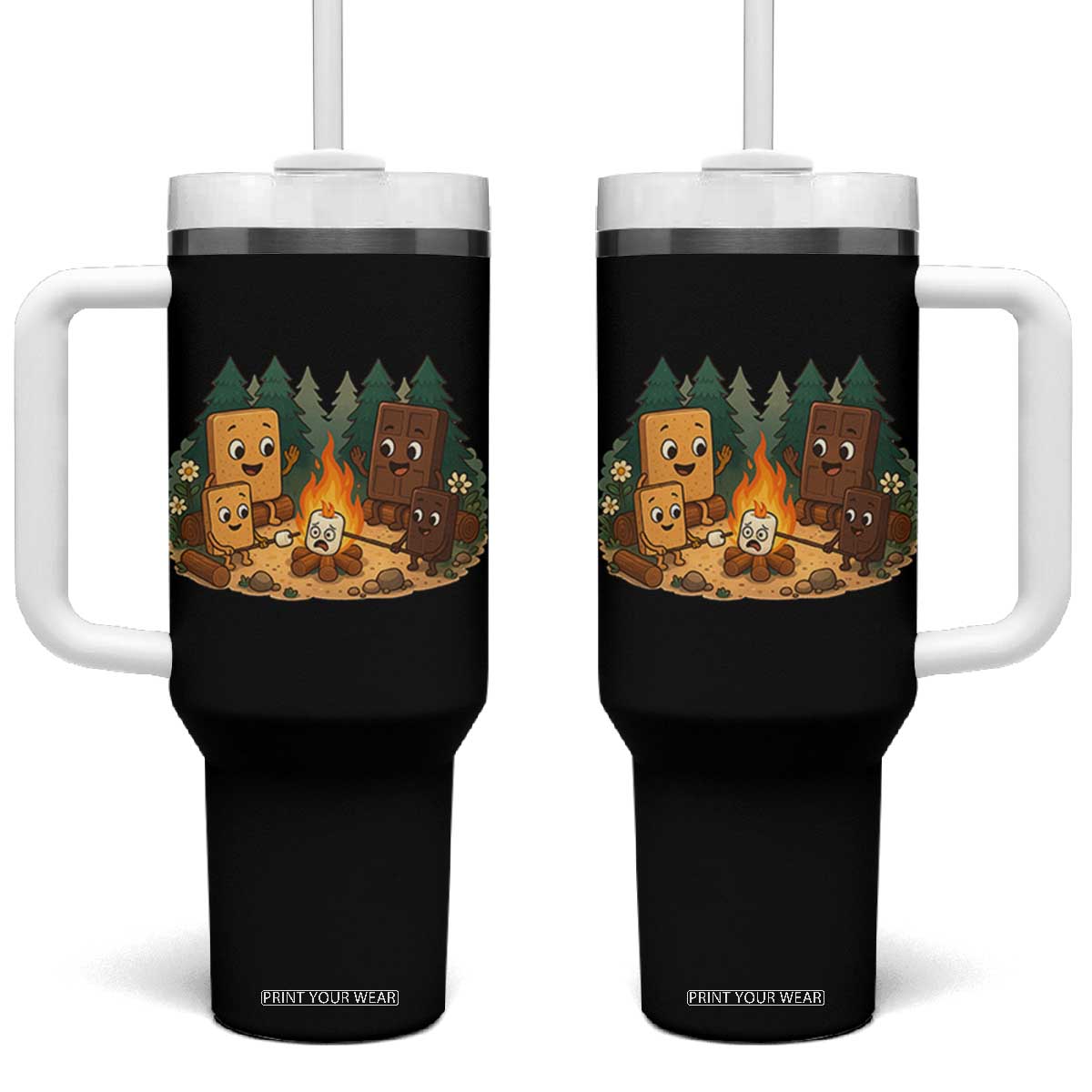 Funny Smores Camping Tumbler With Handle Marshmallow Chocolate Fire TS12 One Size: 40 oz Black Print Your Wear