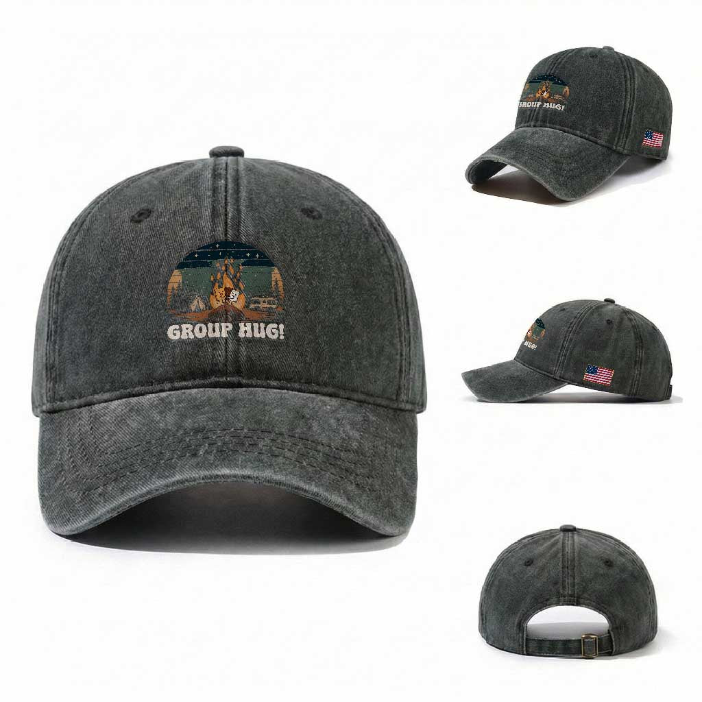 Funny Smores Camping Washed Cotton Baseball Cap Group Hug TS12 Washed Cap Universal Fit Dark Green Print Your Wear