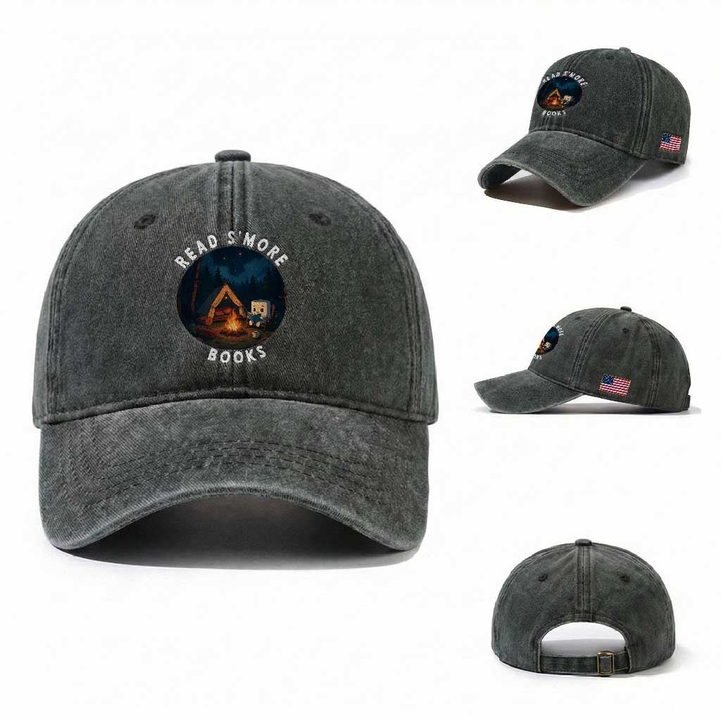 Camping Lover Washed Cotton Baseball Cap Read Smore Books Funny Smores TS12 Washed Cap Universal Fit Dark Green Print Your Wear