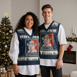Funny No Kings Quiet Piggy Meme V-Neck Knit Sweater Vest Political Humor Gift TS12 Navy Beige Print Your Wear