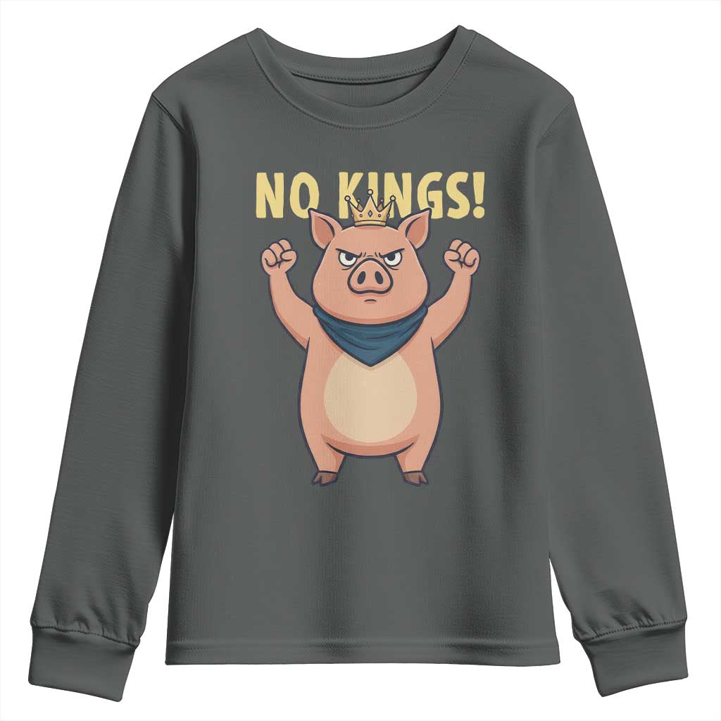 No Kings Pig Youth Sweatshirt Resistance Movement Anti Authoritarian Gift TS12 Dark Heather Print Your Wear