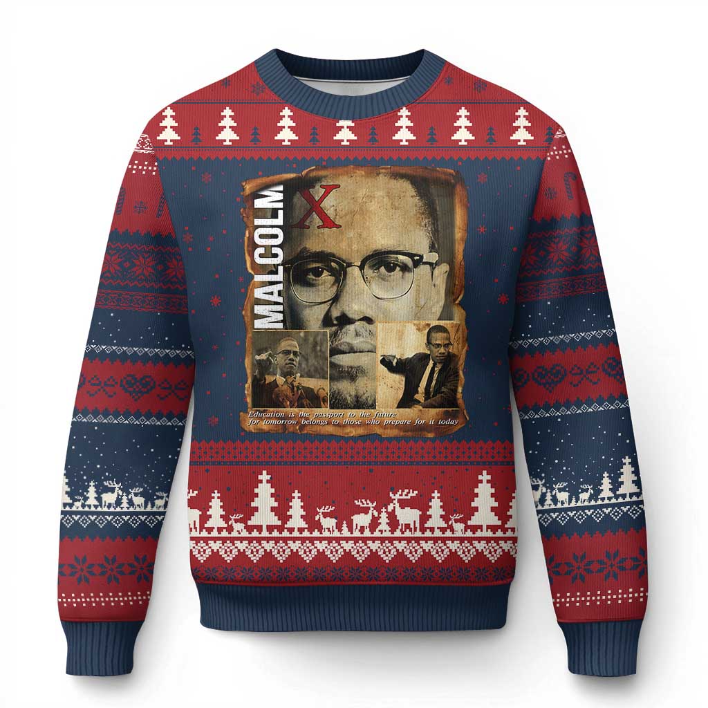 Education Is The Passport To The Future Ugly Christmas Sweater Malcolm X Quote TS12 Navy Red Print Your Wear