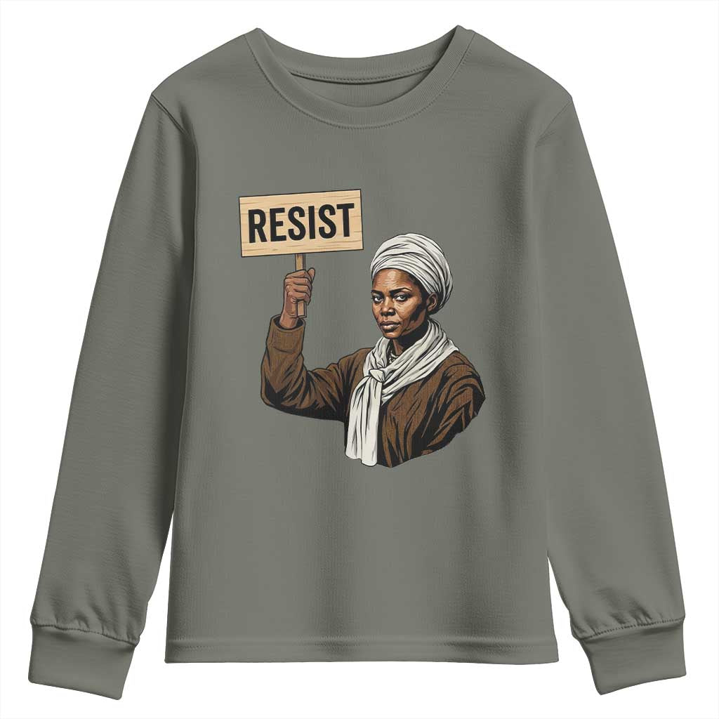 Funny Harriet Tubman Says Resist Youth Sweatshirt Black Pride Inspiration Gift TS12 Military Green Print Your Wear