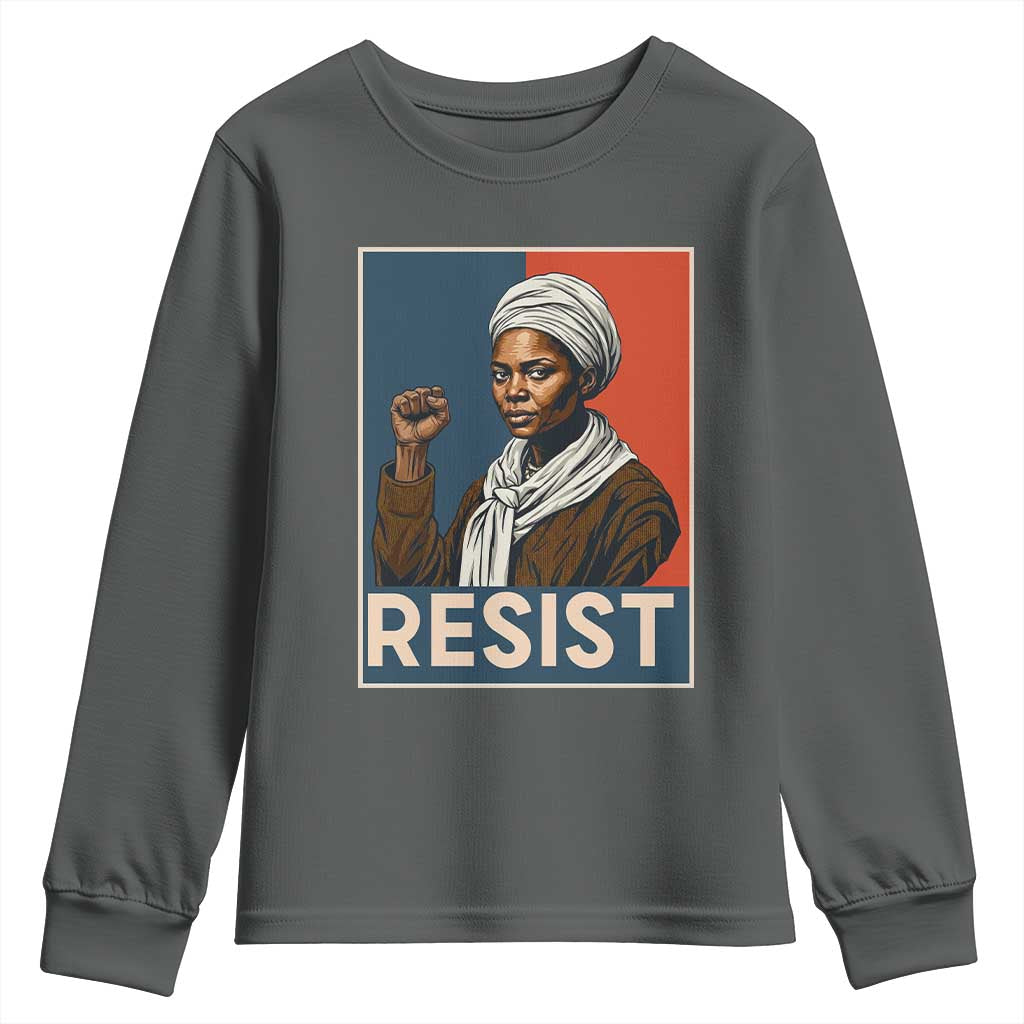 Funny Harriet Tubman Says Resist Youth Sweatshirt Strong Black Woman Leader TS12 Dark Heather Print Your Wear