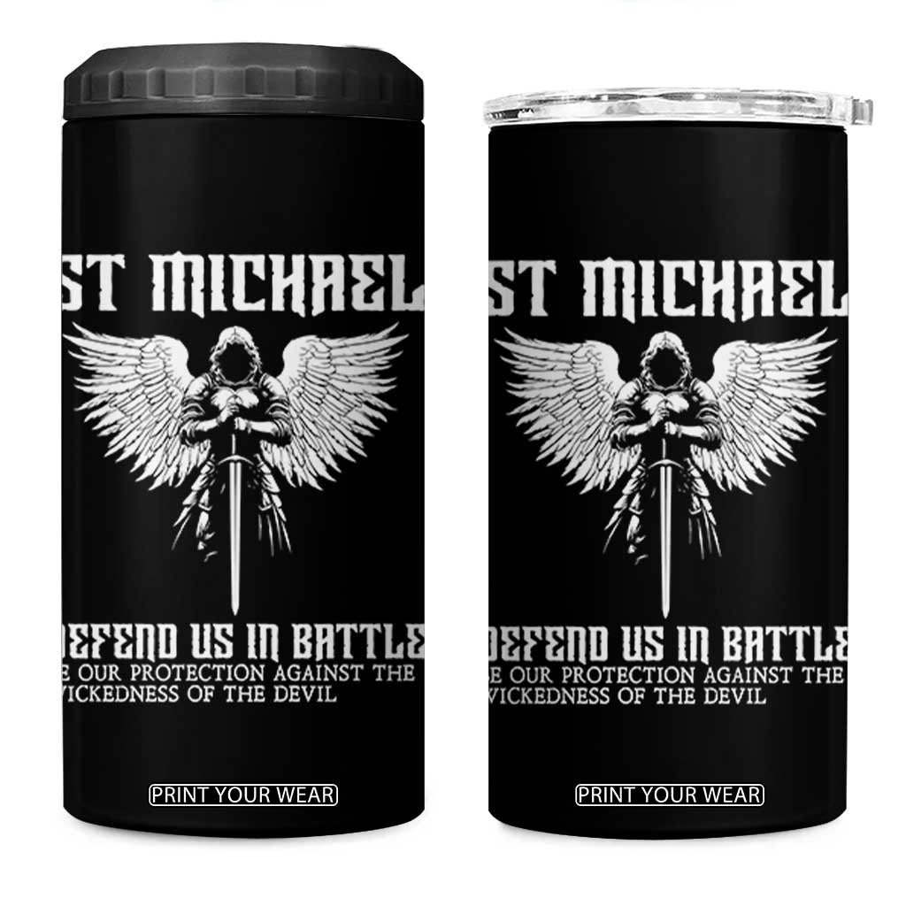 Saint Michael Defend Us In Battle 4 in 1 Can Cooler Tumbler Christian Faith Gift TS12 One Size: 16 oz Black Print Your Wear