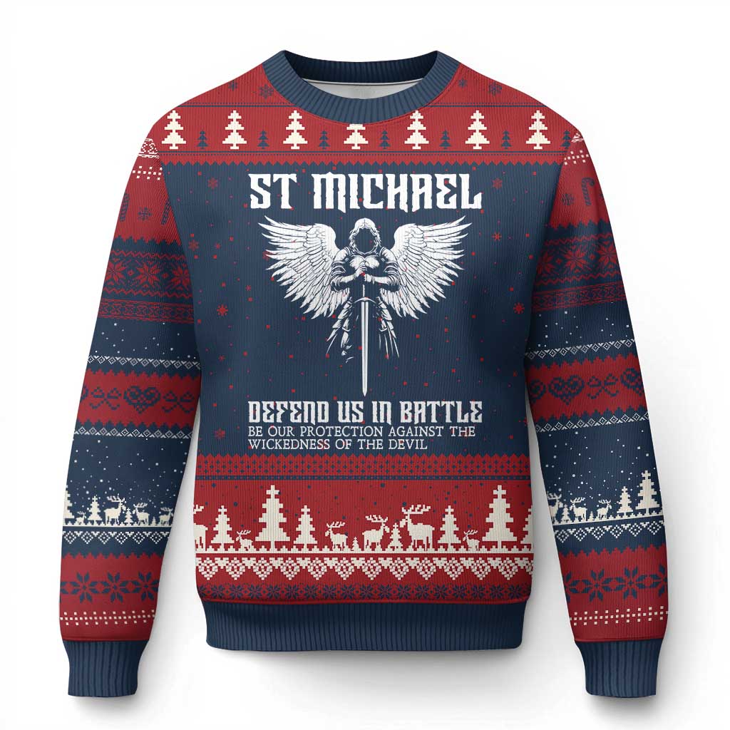 Saint Michael Defend Us In Battle Ugly Christmas Sweater Christian Faith Gift TS12 Navy Red Print Your Wear