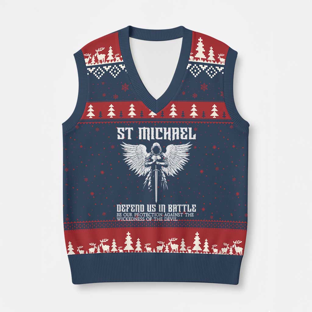 Saint Michael Defend Us In Battle V-Neck Knit Sweater Vest Christian Faith Gift TS12 Navy Red Print Your Wear