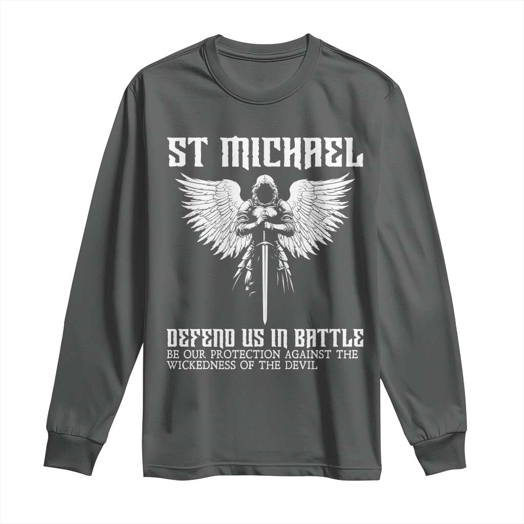 Saint Michael Defend Us In Battle Long Sleeve Shirt Christian Faith Gift TS12 Dark Heather Print Your Wear