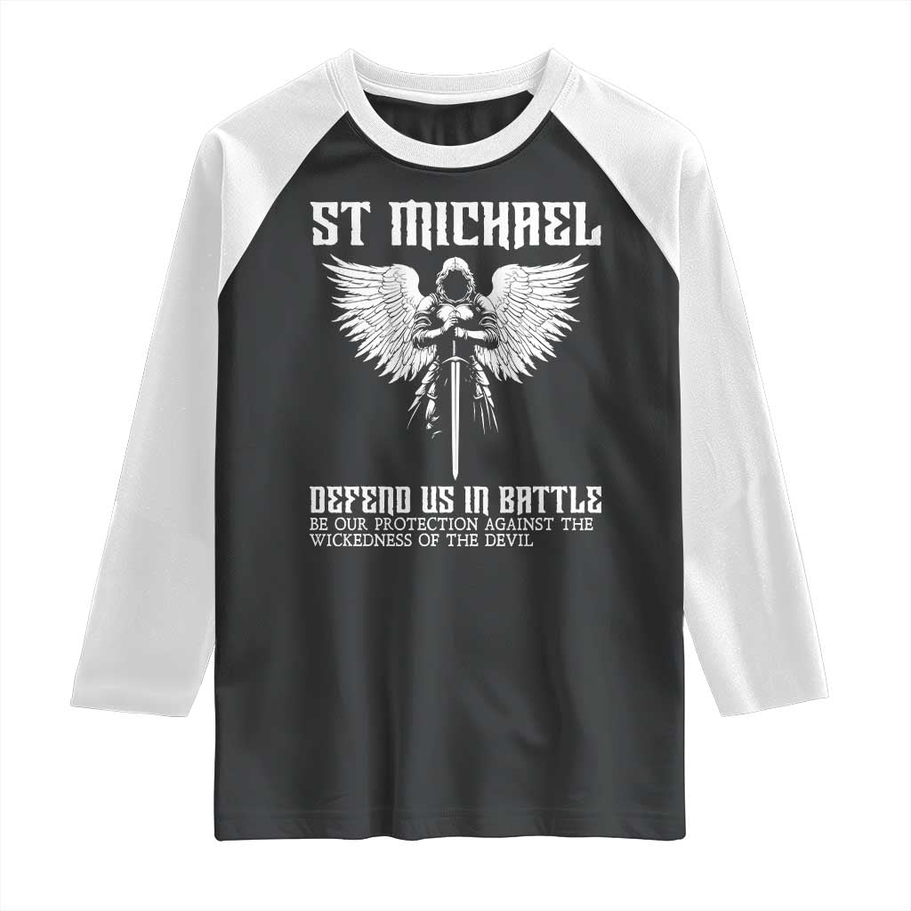 Saint Michael Defend Us In Battle Raglan Shirt Christian Faith Gift TS12 Black White Print Your Wear