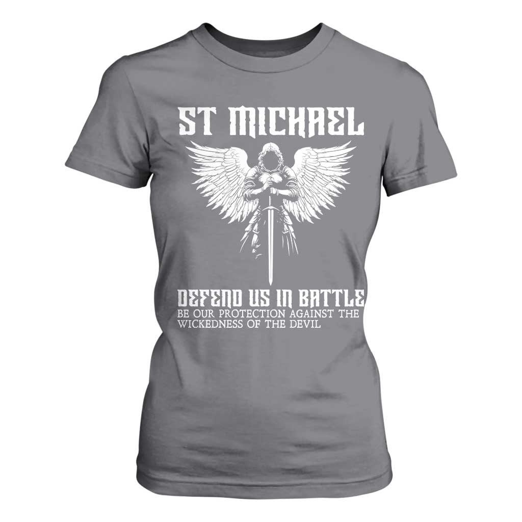 Saint Michael Defend Us In Battle T Shirt For Women Christian Faith Gift TS12 Charcoal Print Your Wear