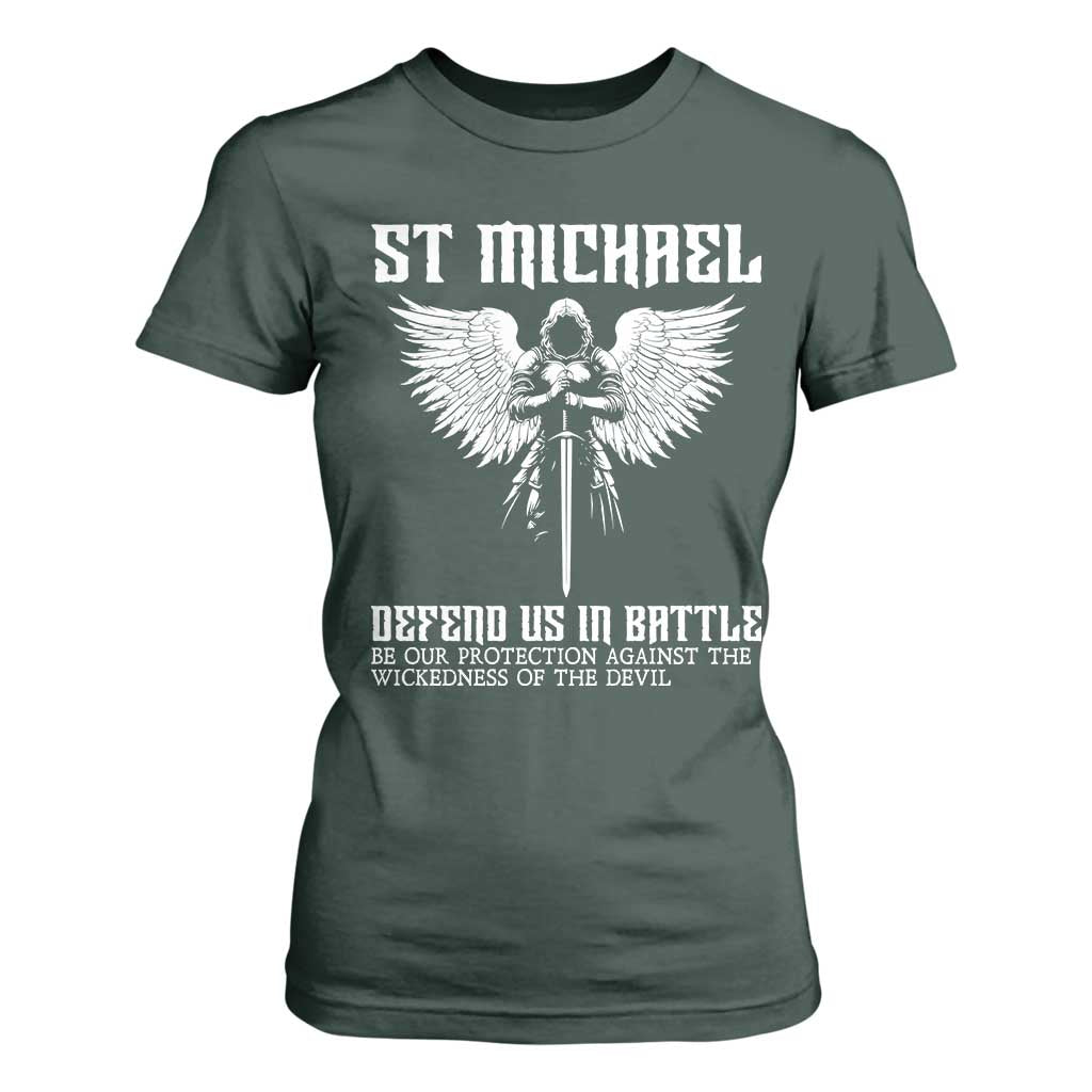 Saint Michael Defend Us In Battle T Shirt For Women Christian Faith Gift TS12 Dark Forest Green Print Your Wear