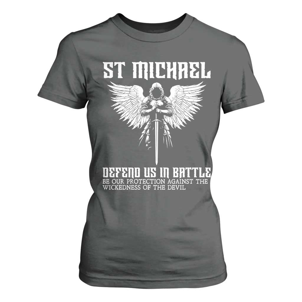 Saint Michael Defend Us In Battle T Shirt For Women Christian Faith Gift TS12 Dark Heather Print Your Wear